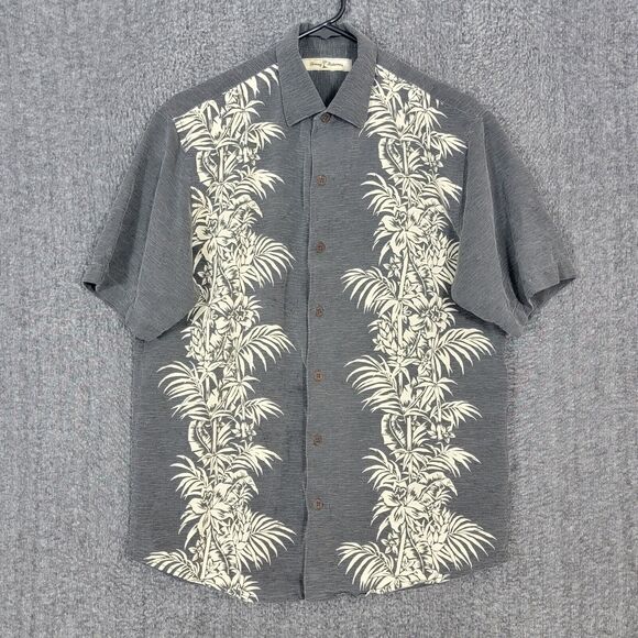 Tommy Bahama Shirt Mens Small Gray 100% Silk Hawaiian Palms Casual Button Up - Picture 1 of 14